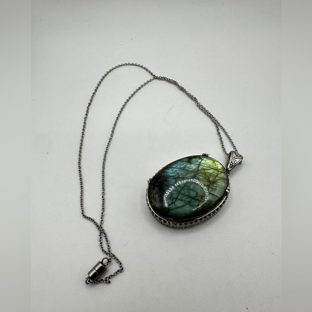 MONSTER 40x30mm Labradorite Oval Cabochon in silver stainless steel‎ necklace!